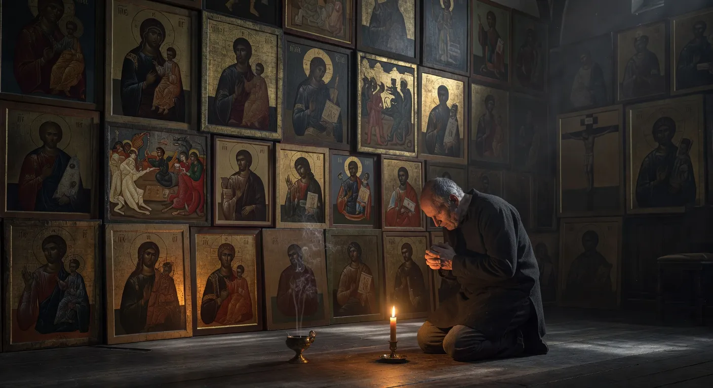 Coin de priere orthodoxe avec icones anciennes, lampe a huile et cierge allume dans une lumiere tamisee