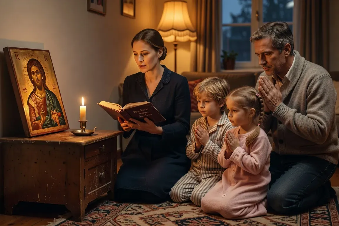 Famille catholique en prière du soir réunie autour d'une bougie allumee dans un salon avec icones et livre de prières