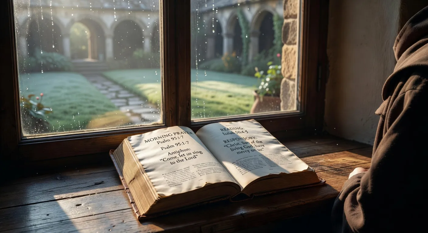 Livre de la priere du temps present ouvert devant une fenetre au lever du soleil avec une tasse de the