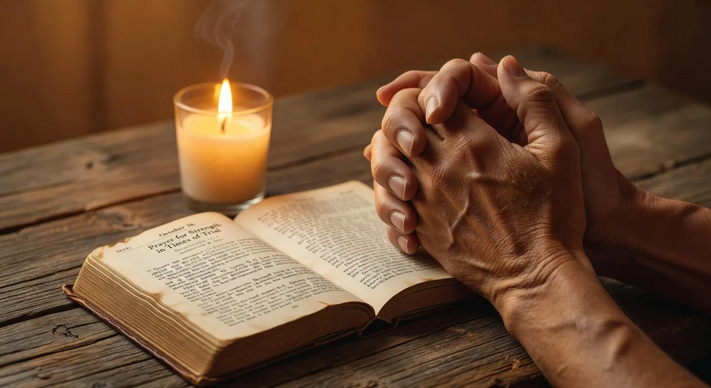 Mains jointes en priere au-dessus d'un livre de prieres ouvert avec une bougie votive a cote