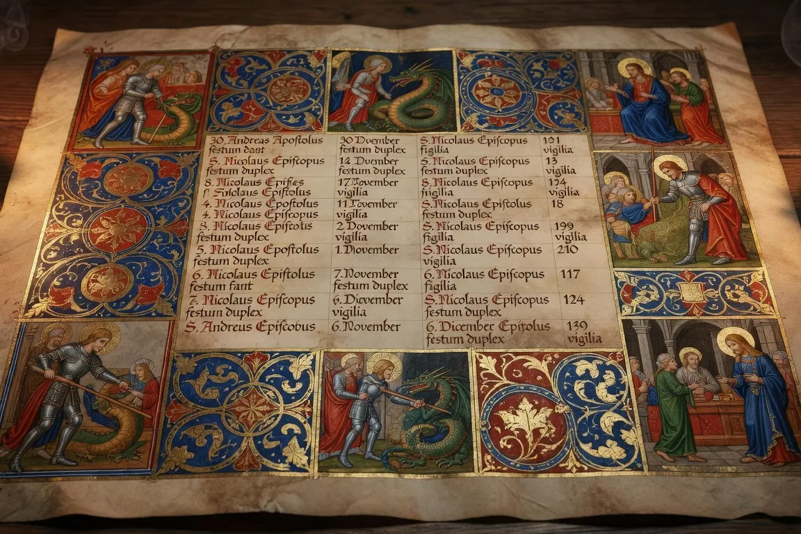 Calendrier liturgique catholique enluminé 2026 avec les grandes fêtes des saints de France