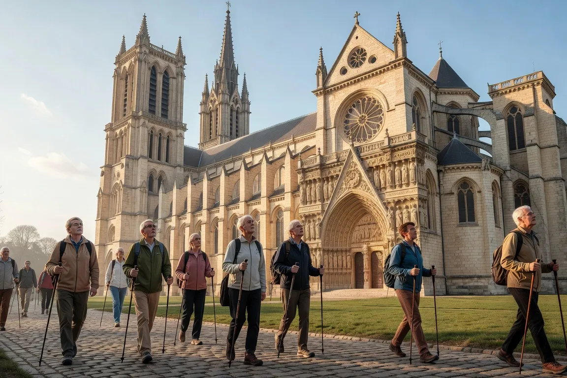Pèlerins devant la cathédrale de Chartres lors d'un pèlerinage marial, lumière de printemps