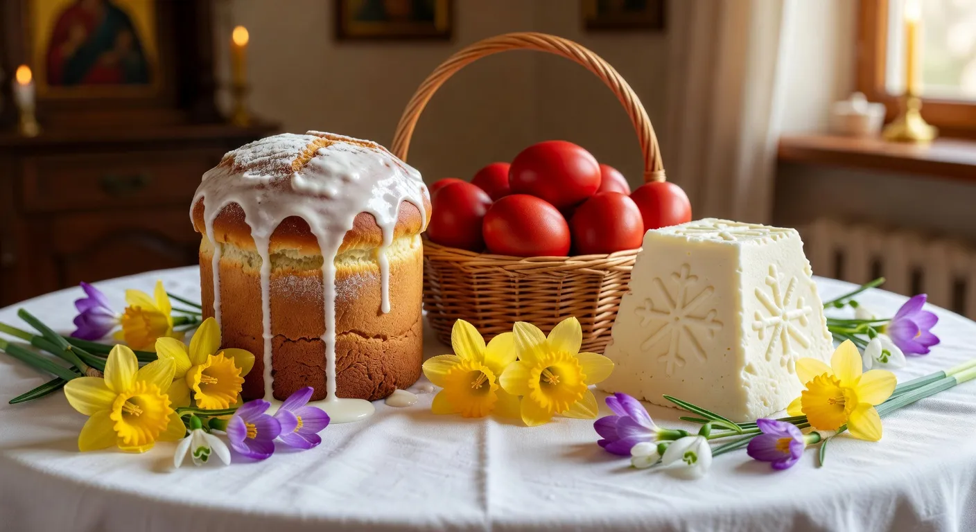 Table pascale traditionnelle avec koulitch decore, paskha en pyramide et oeufs peints en rouge