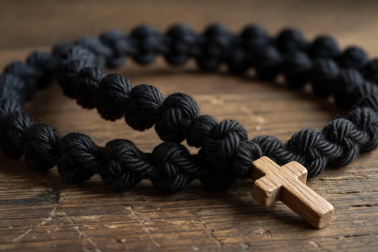 Tchotki orthodoxe en laine noire avec noeuds en forme de croix et gland terminal pose sur un evangeliaire