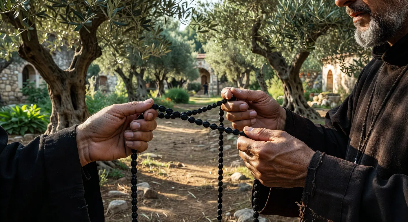 Moine orthodoxe tenant un tchotki en laine nouee pendant la priere dans une cellule monastique