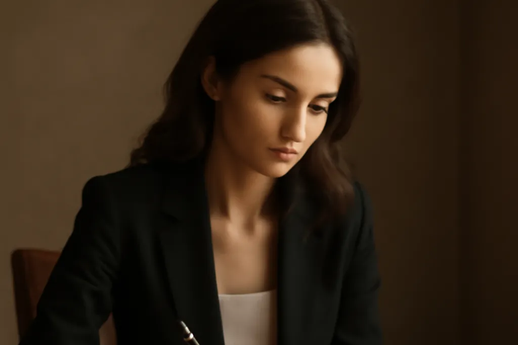 Femme prenant des notes dans un carnet à côté d'un catéchisme et d'une Bible ouverte, lumière de fin d'après-midi