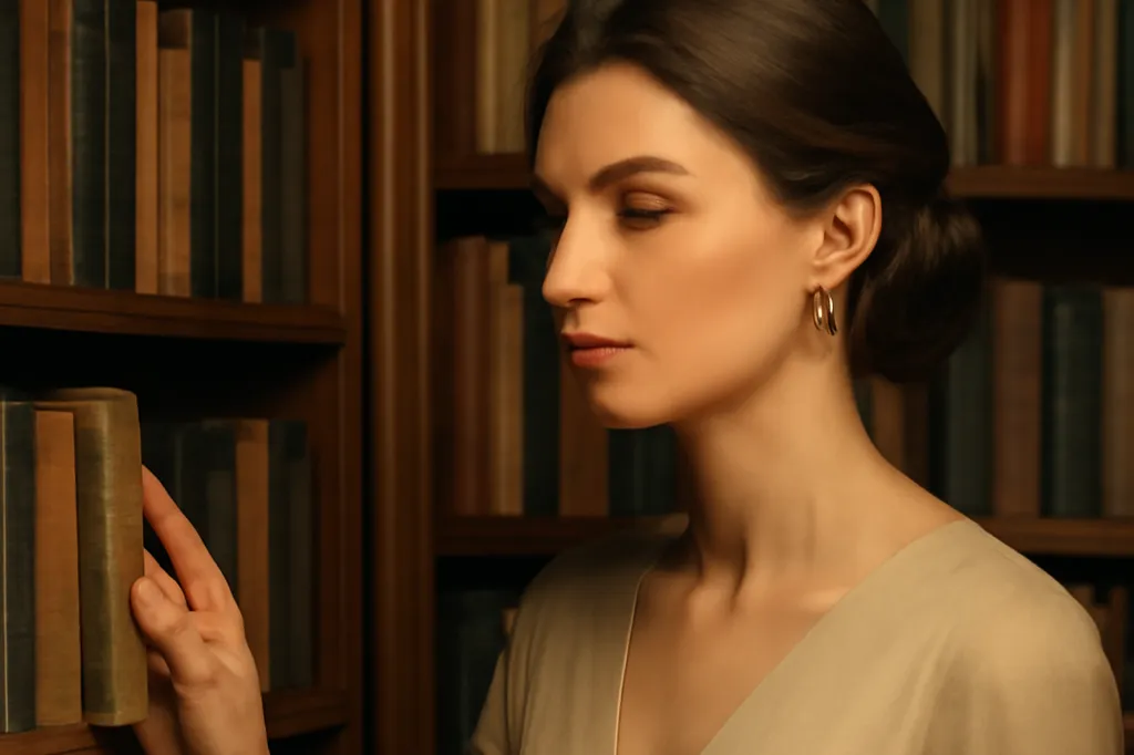 Femme choisissant un livre de théologie dans une bibliothèque personnelle bien fournie