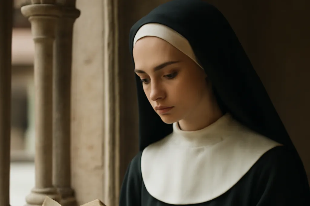 Jeune femme en habit religieux lisant un petit carnet manuscrit assise près d'une fenêtre de cloître
