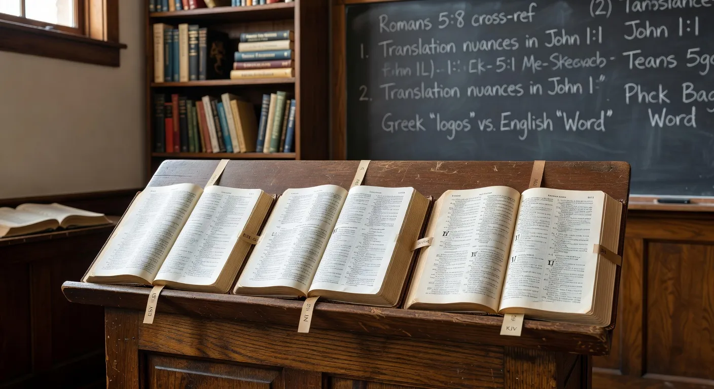 Differentes editions de la Bible francaise alignees sur une etagere de bibliotheque en chene