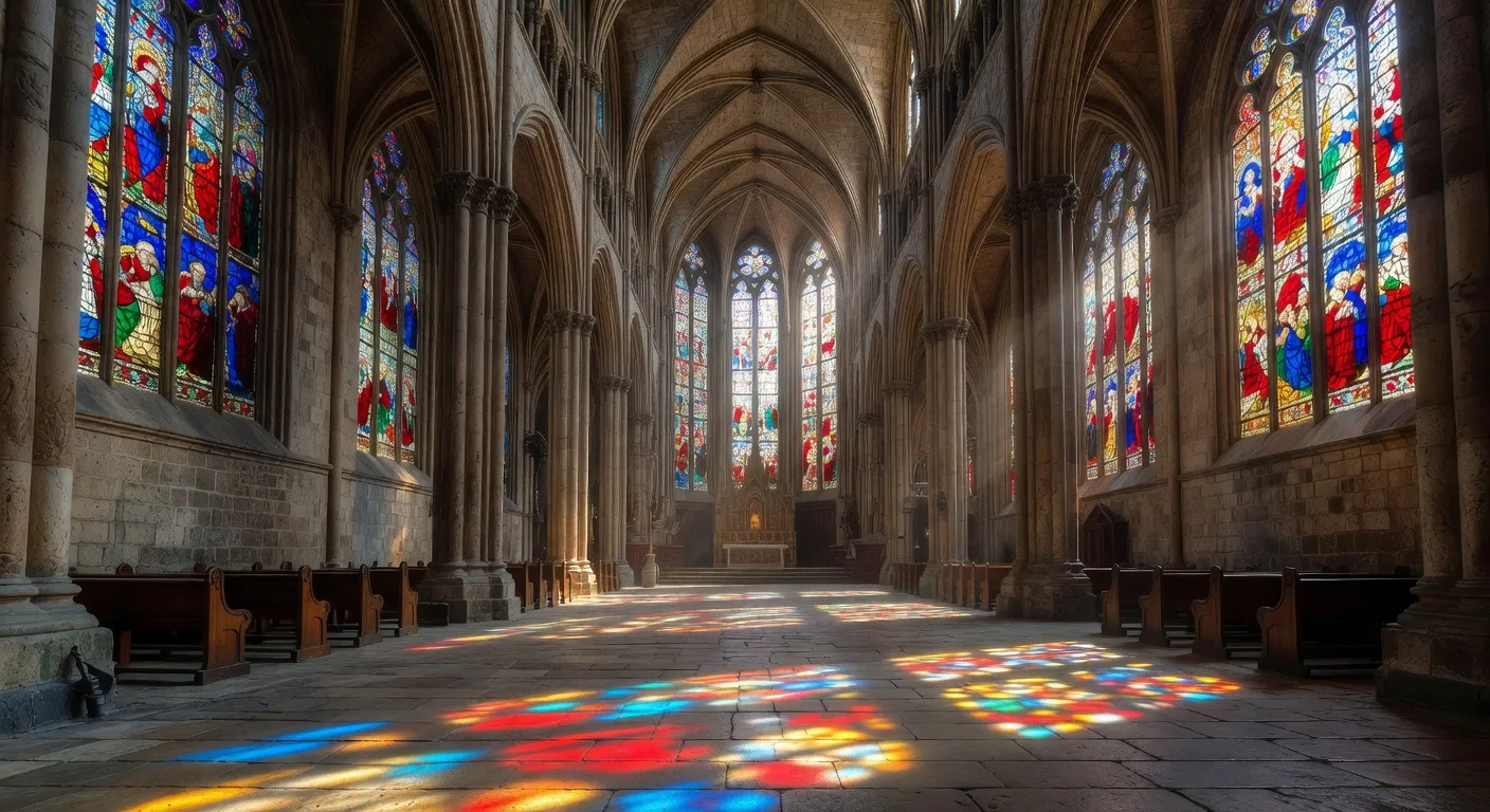 Rosace et vitraux polychromes d'une cathedrale gothique baignes de lumiere coloree
