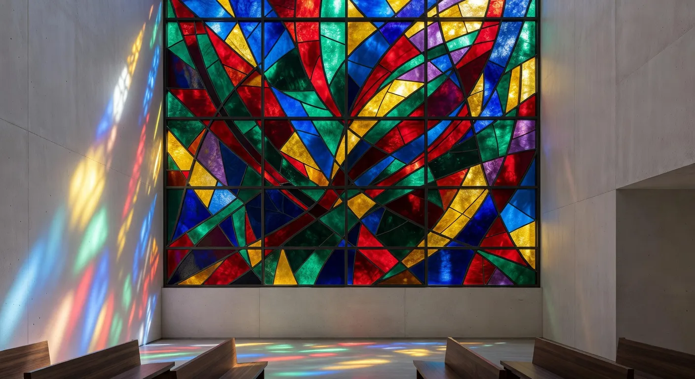 Vitraux modernes d'une eglise contemporaine projetant des faisceaux de lumiere coloree dans une nef en beton brut