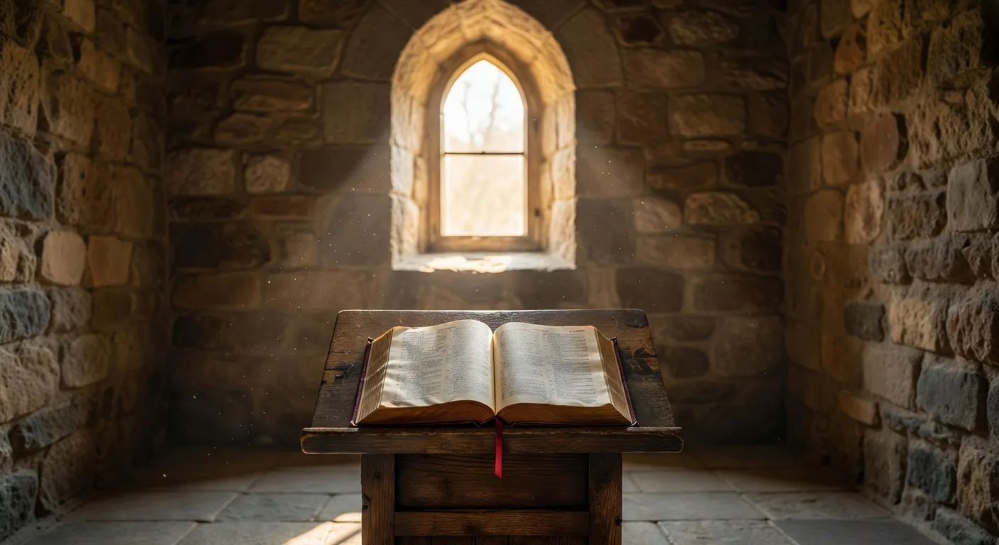Bible ouverte sur un lutrin dans une chapelle baignee de lumiere