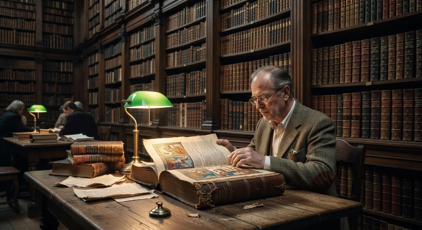 Lecteur feuilletant un livre religieux ancien dans une bibliotheque