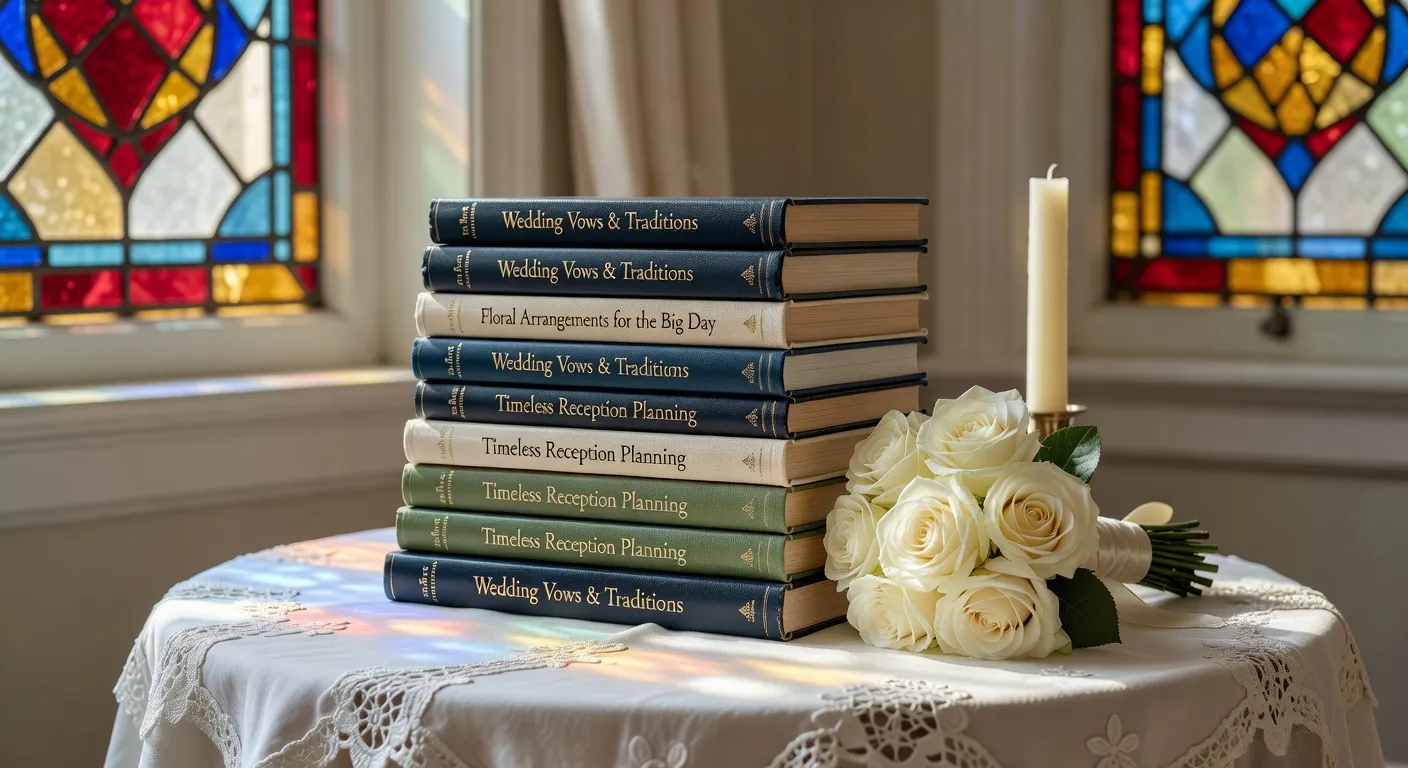 Livres de preparation au mariage chretien sur une table avec bouquet