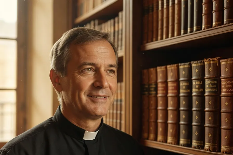 Portrait éditorial d'un prêtre accompagnateur spirituel, lumière douce, fond bibliothèque