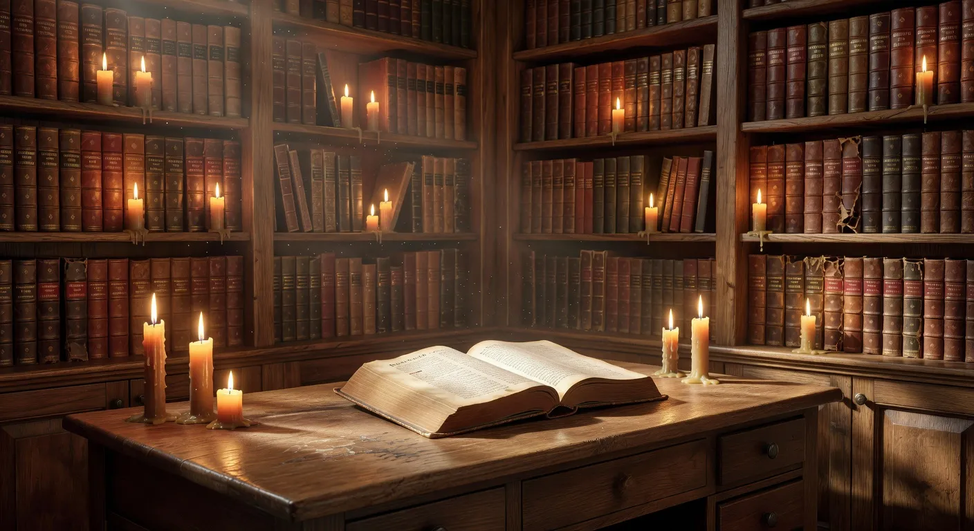 Interieur chaleureux d'une librairie religieuse avec des rayonnages de livres anciens et une lumiere doree
