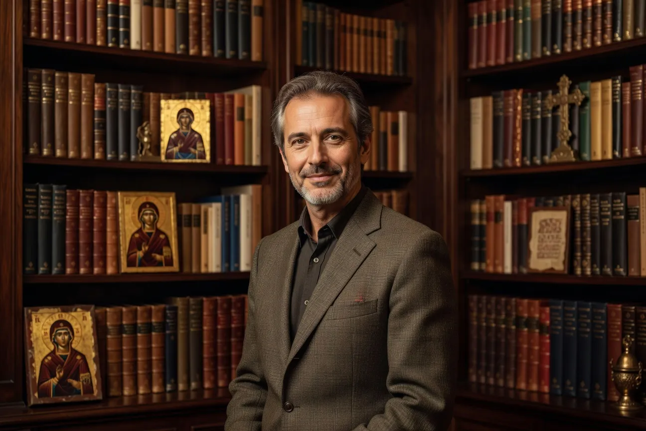 Portrait éditorial d'un expert en art iconographique byzantin devant une bibliothèque d'art