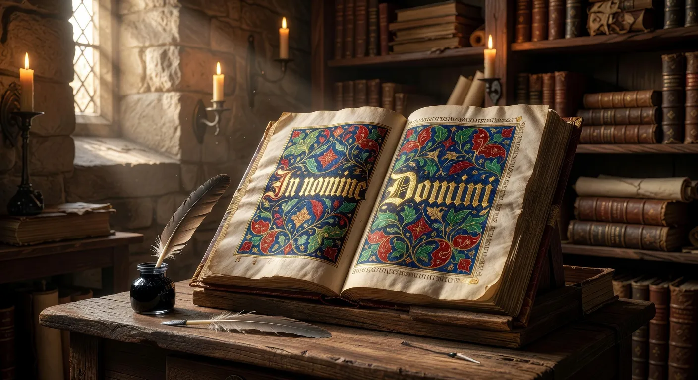 Manuscrit enlumine medieval ouvert sous une lumiere tamisee