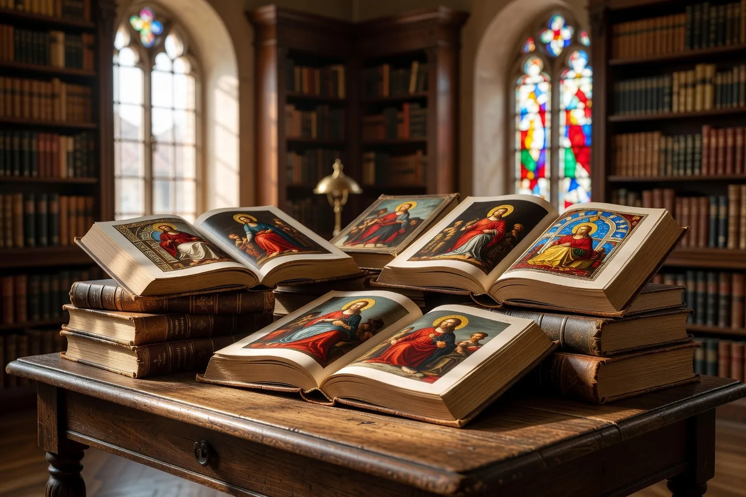 Collection de beaux livres d'art religieux ouverts sur une table en bois avec reproductions de peintures sacrées