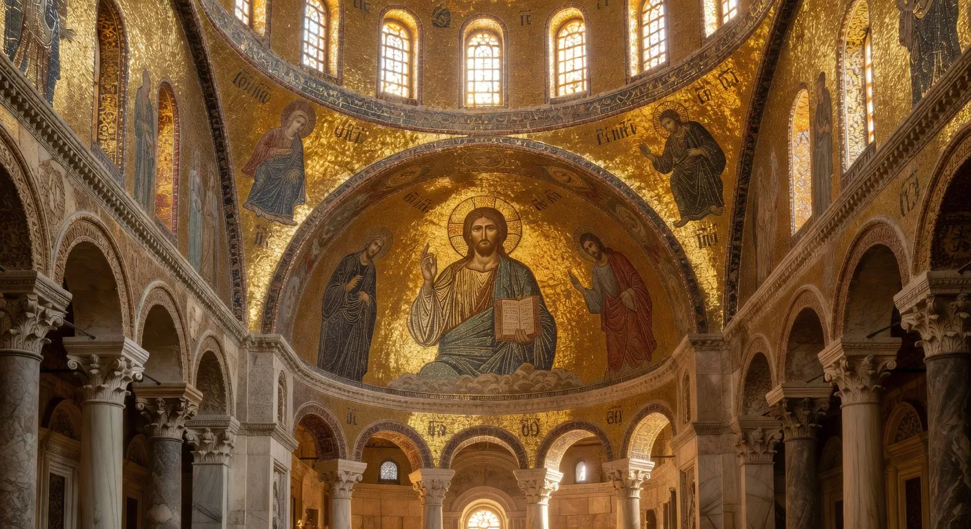 Mosaique byzantine doree representant le Christ Pantocrator sous la coupole d'une basilique