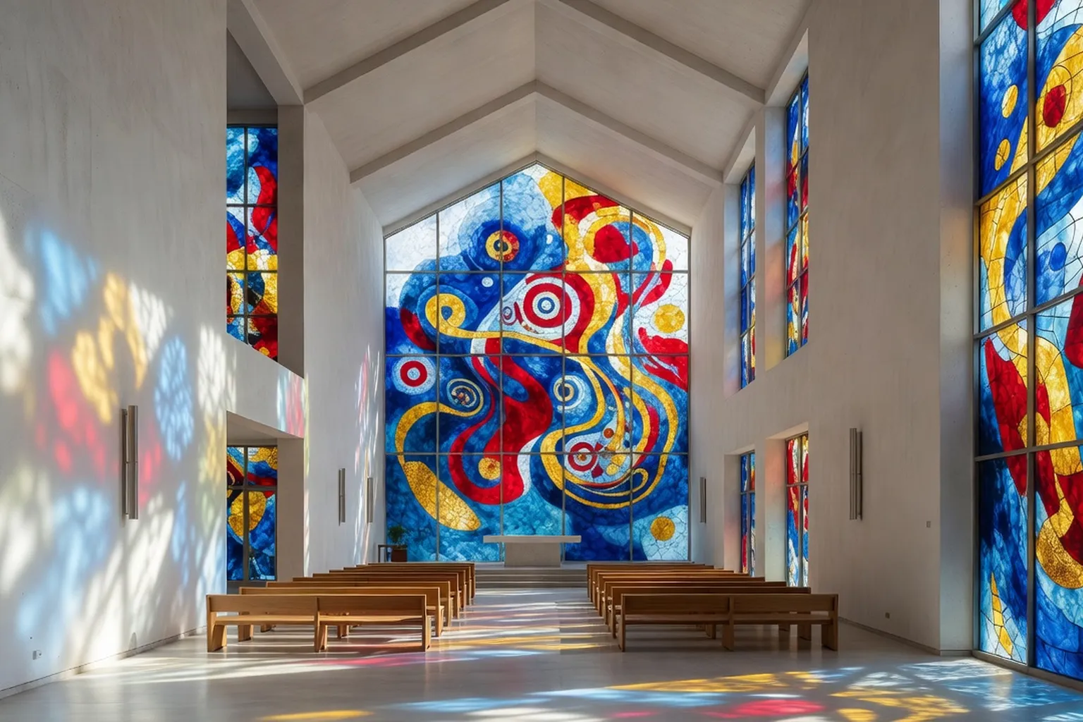 Intérieur d'église moderne avec vitraux colorés abstraits projetant une lumière chromatique