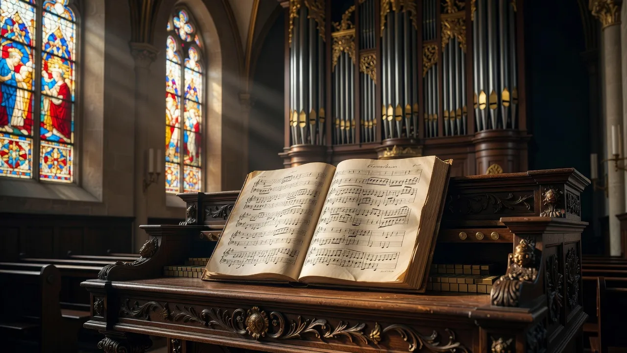 Partition manuscrite de Jean-Sébastien Bach et orgue baroque dans une église luthérienne, lumière dorée