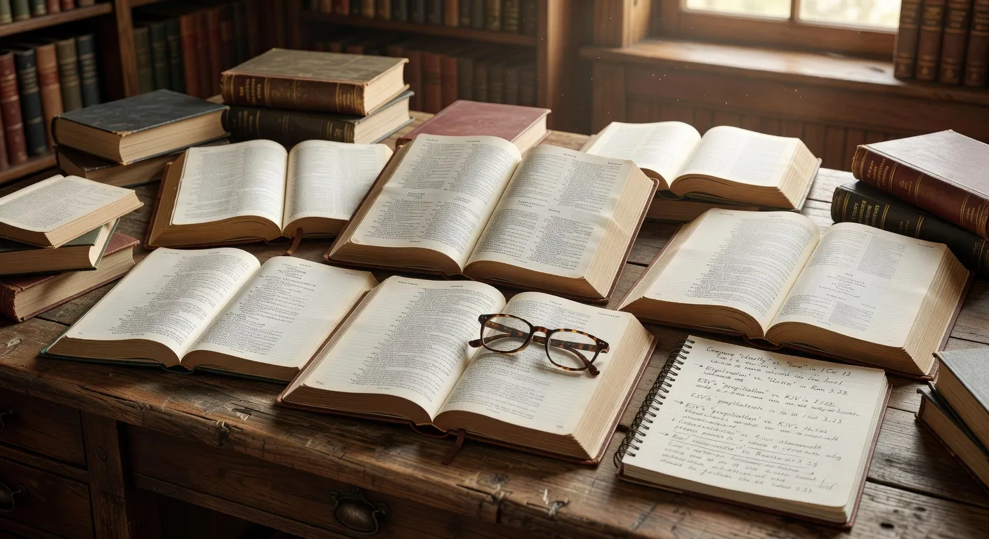 Plusieurs editions de la Bible ouvertes cote a cote sur un lutrin en bois de chene