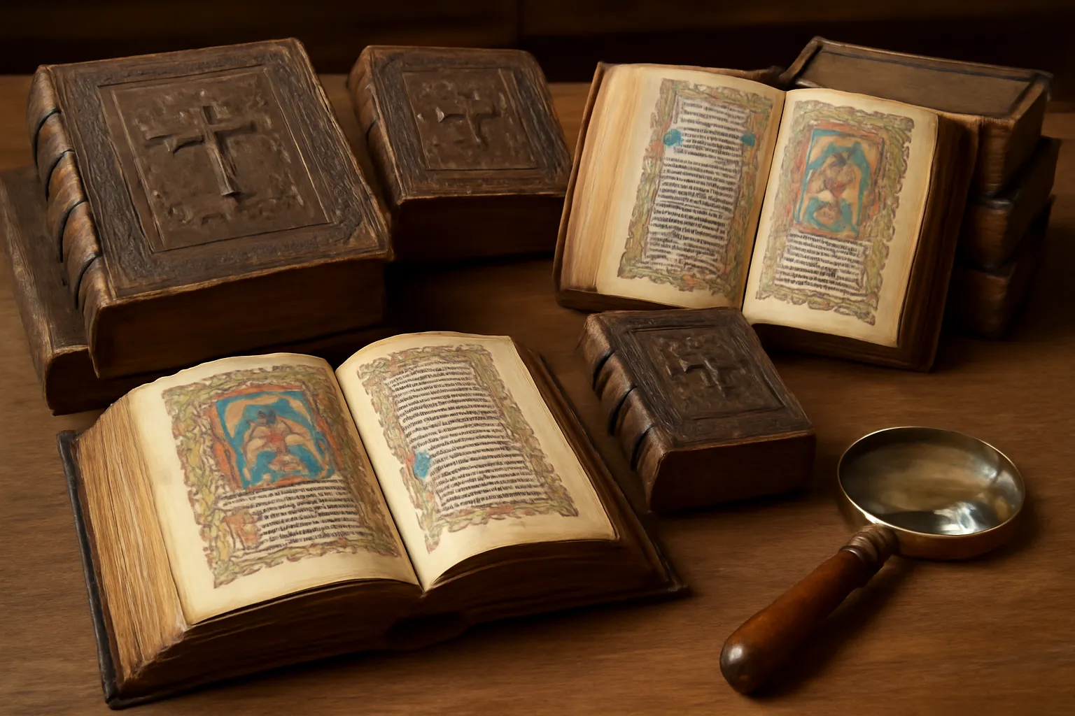Collection privée de livres religieux anciens, missels et livres d'heures reliés en cuir posés sur une table en bois, loupe de bibliophile