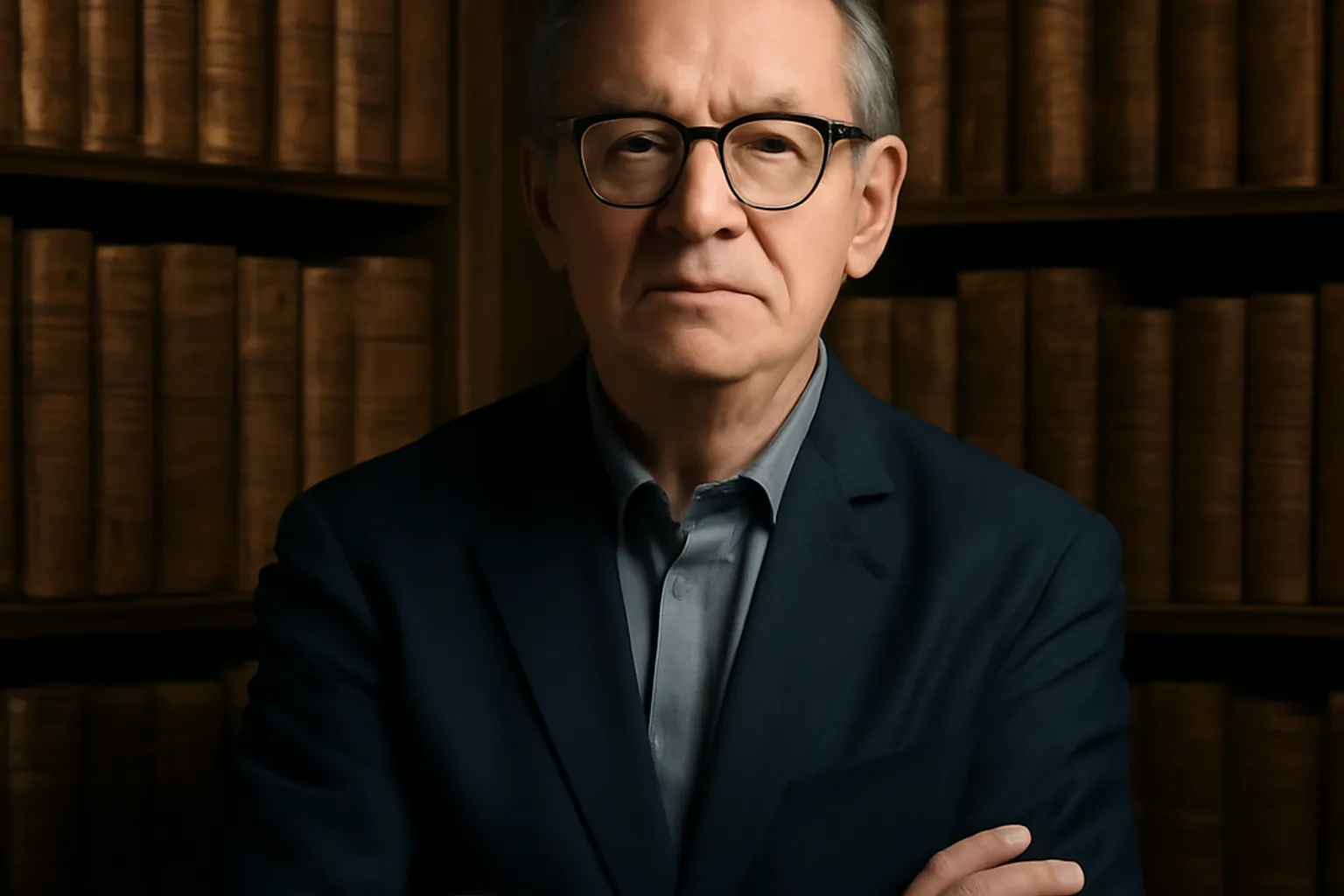 Portrait éditorial d'un conservateur de bibliothèque patrimoniale religieuse entouré de manuscrits anciens