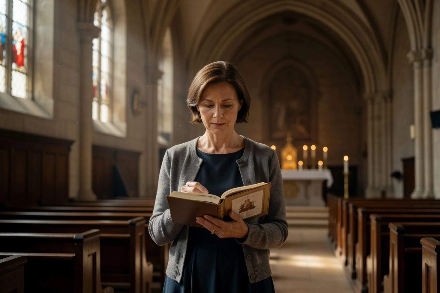 Femme adulte feuilletant un missel des dimanches ouvert sur le calendrier liturgique, dans une église baignée d'une lumière douce