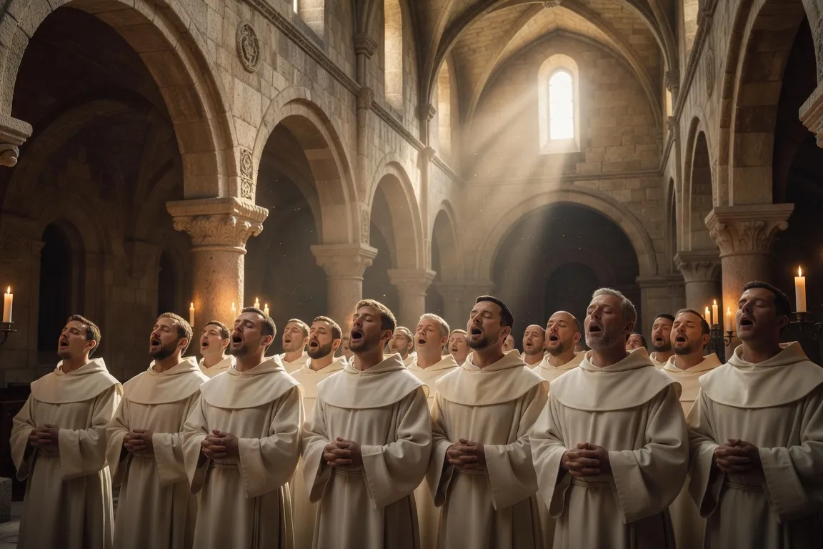 Moines bénédictins en prière chorale dans une abbaye romane, lumière tamisée de vitraux