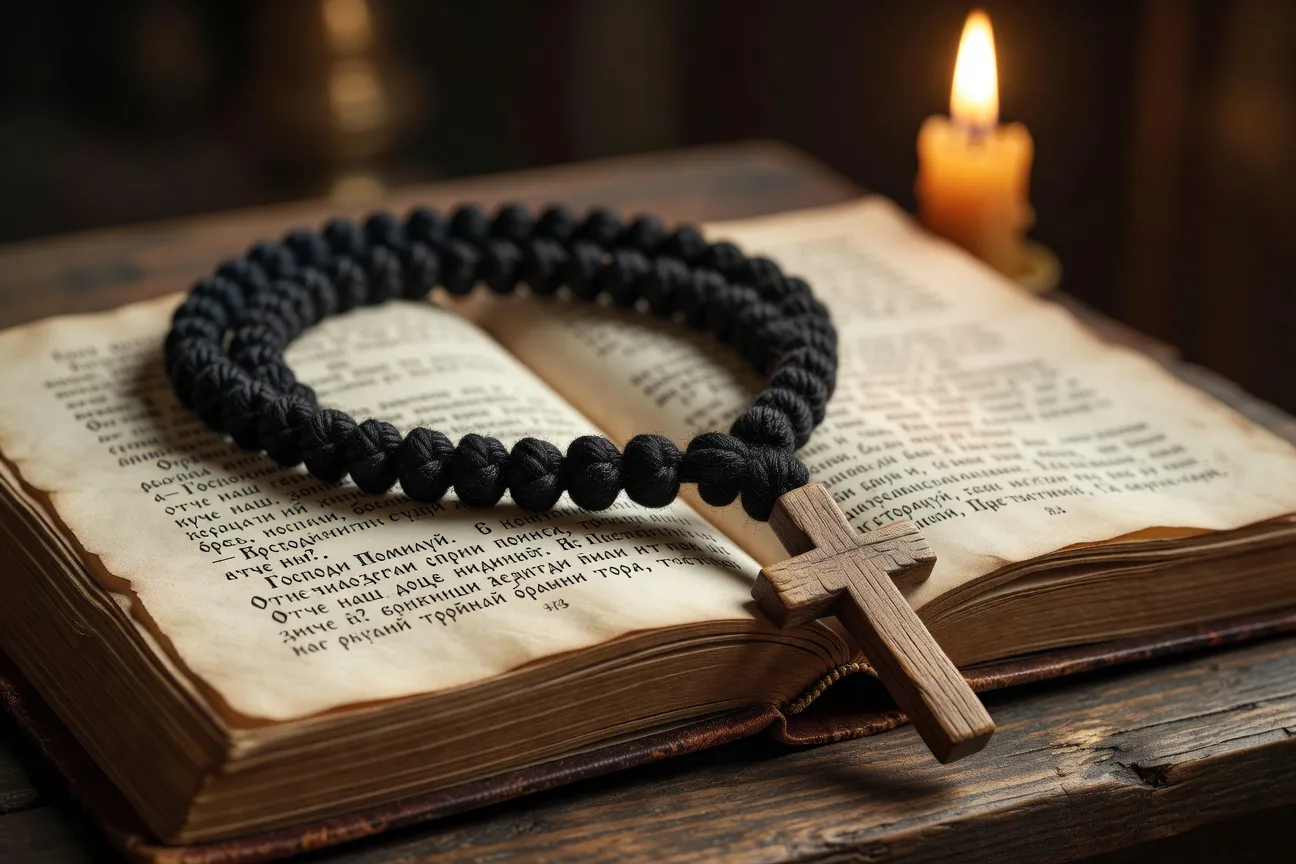 Chapelet catholique en bois d'olivier et tchotki orthodoxe en laine nouee poses sur un livre de prieres
