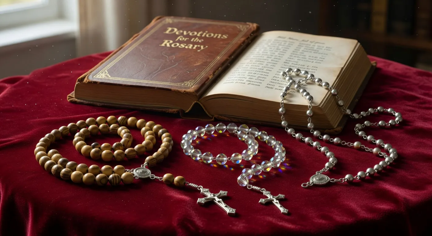 Differents chapelets en bois et pierres sur un tissu de velours