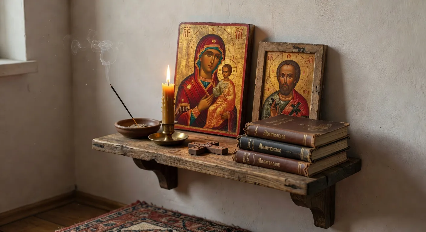 Coin de priere amenage avec icones, bougie et livres de prieres