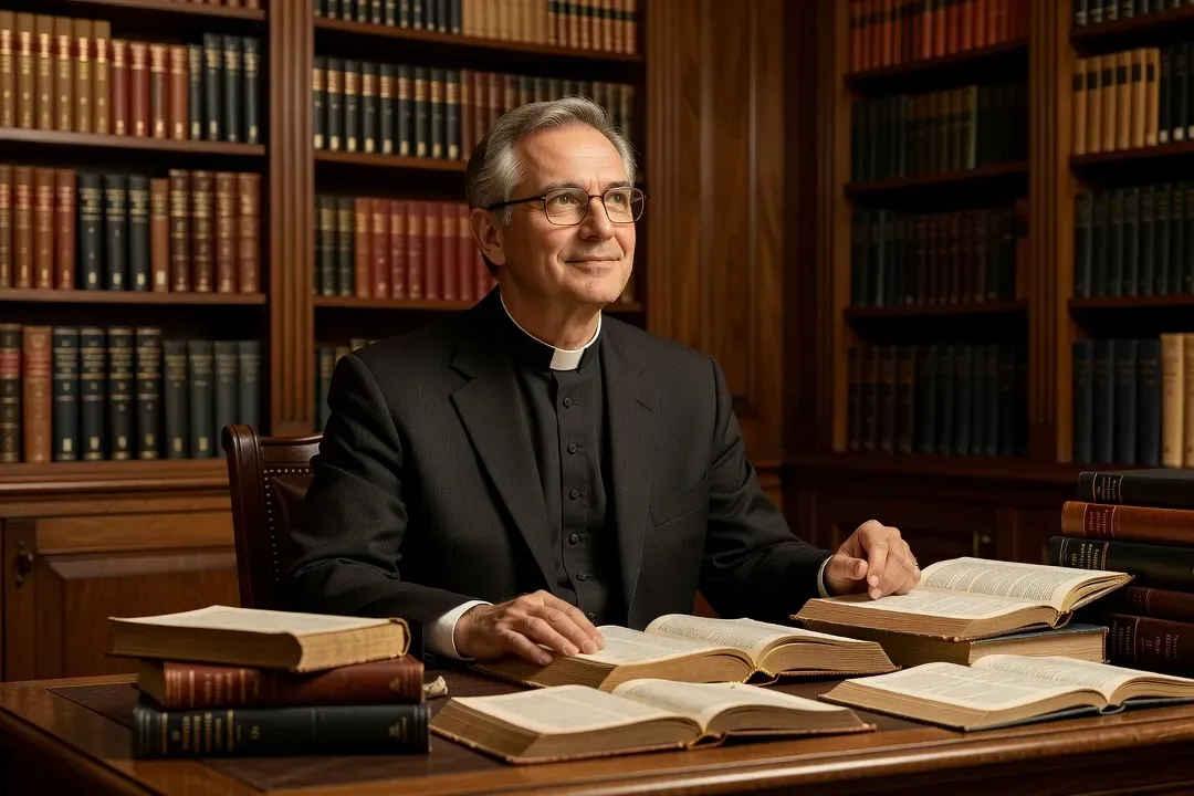 Portrait d'un prêtre catholique exégète dans une bibliothèque universitaire, entouré de Bibles et commentaires