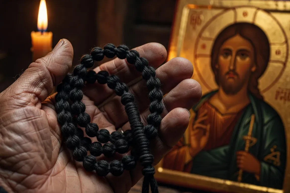 Tchotki orthodoxe en laine nouée tenu en main devant une icône du Christ
