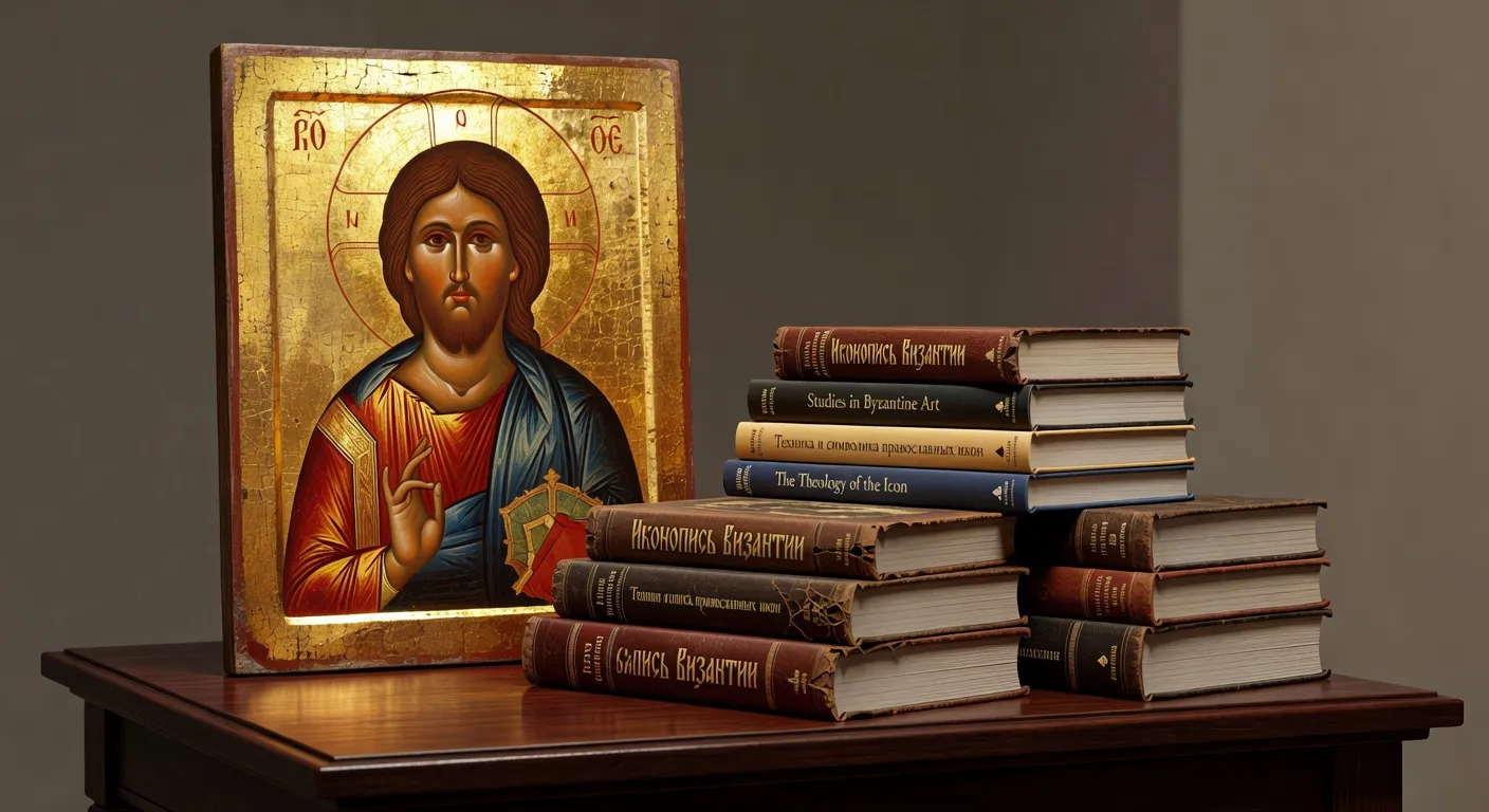 Livres ouverts devant une collection d'icones orthodoxes