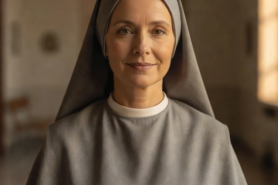 Portrait éditorial d'une religieuse aumônière hospitalière, expression douce et bienveillante