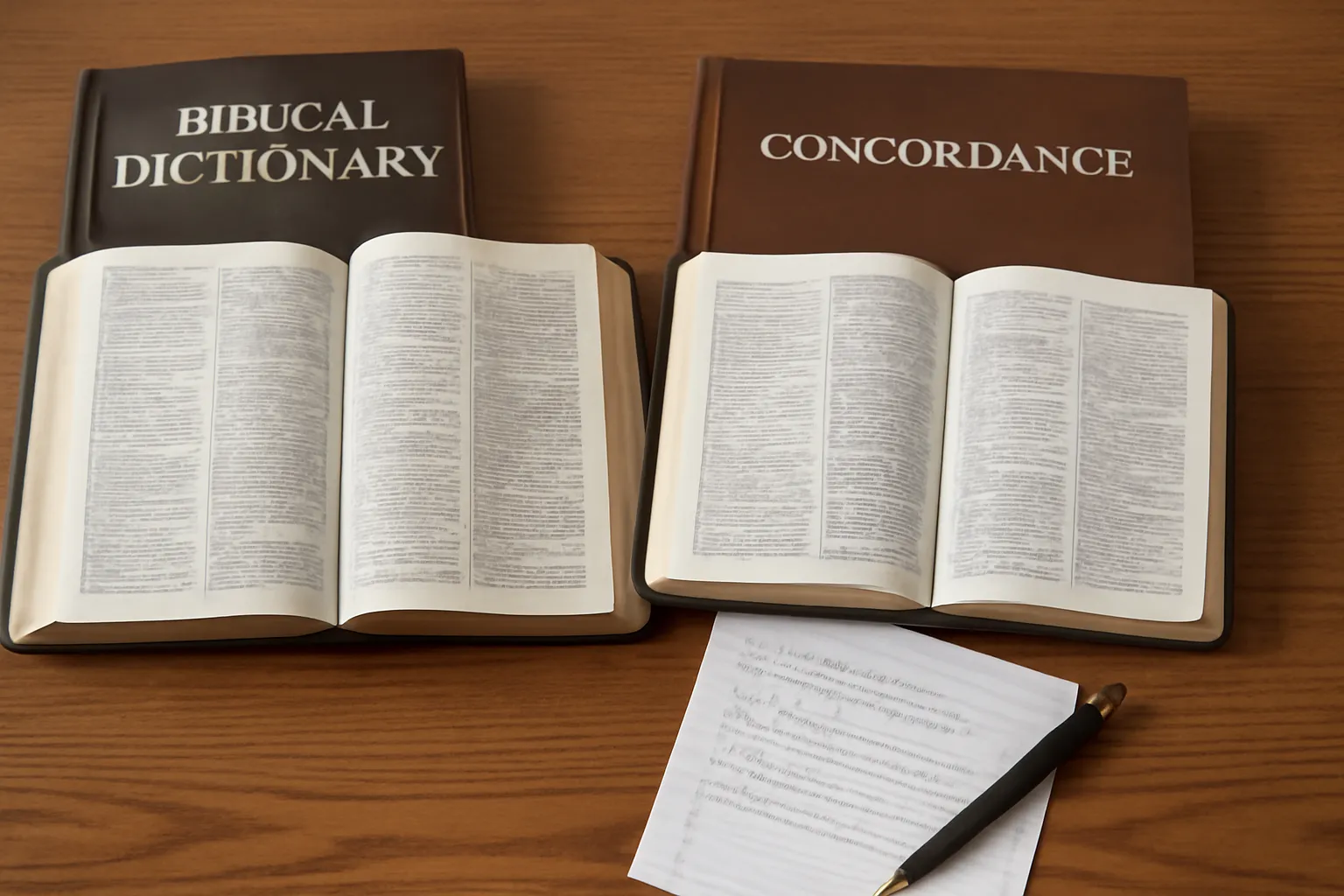 Dictionnaire biblique et concordance ouverts côte à côte sur un bureau en bois, avec une Bible d'étude et des feuillets d'annotation