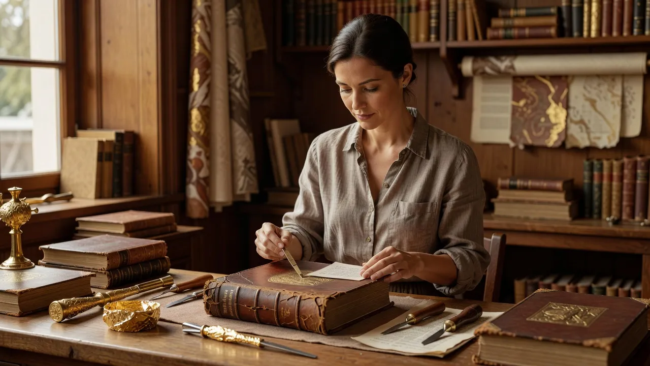 Femme relieuse restaurant à l'atelier une reliure en cuir de livre ancien, outils de dorure sur l'établi
