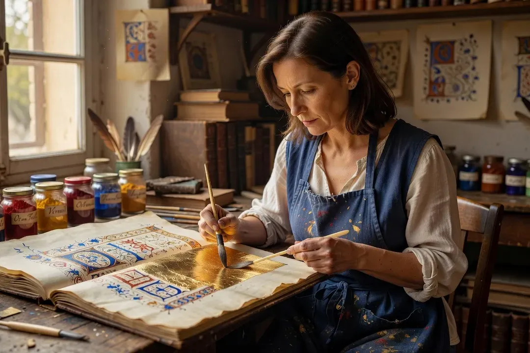 Portrait d'une enlumineuse parisienne dans son atelier, travaillant sur un manuscrit enluminé à la feuille d'or