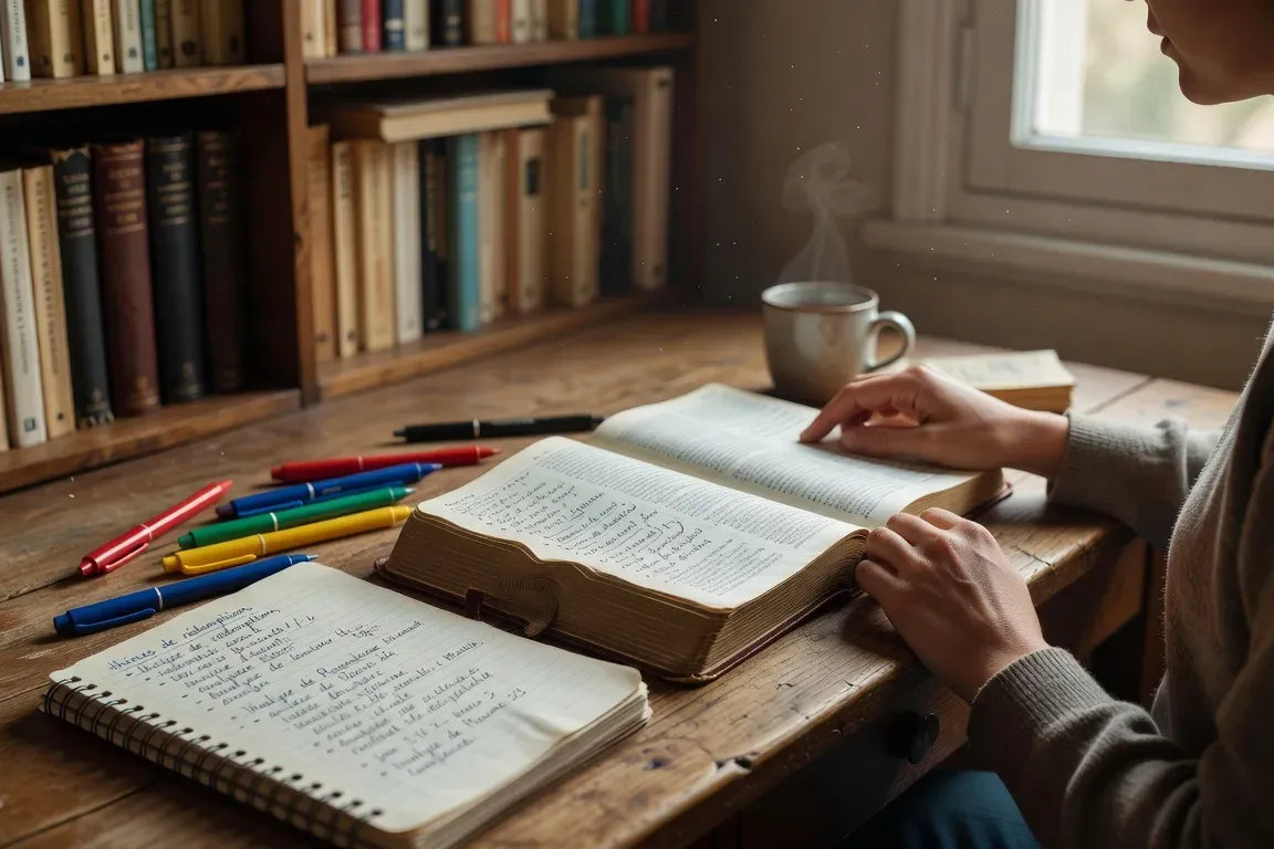 Personne étudiant la Bible avec un bloc-notes et des stylos, lumière naturelle