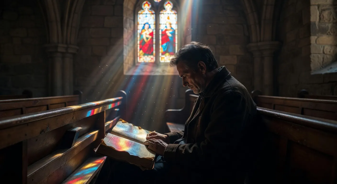 Livre de priere ouvert pres d'une fenetre avec lumiere douce