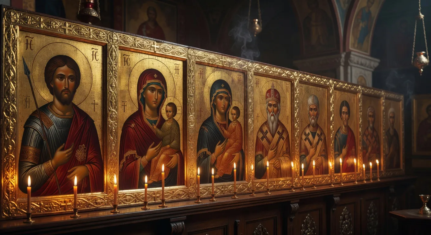 Icone byzantine du Christ Pantocrator sur fond dore dans un atelier d'iconographe