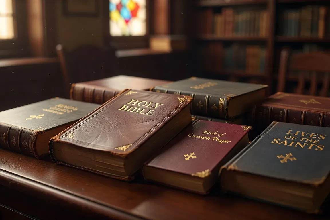 Collection de livres religieux chrétiens sur un bureau en bois avec lumière chaude