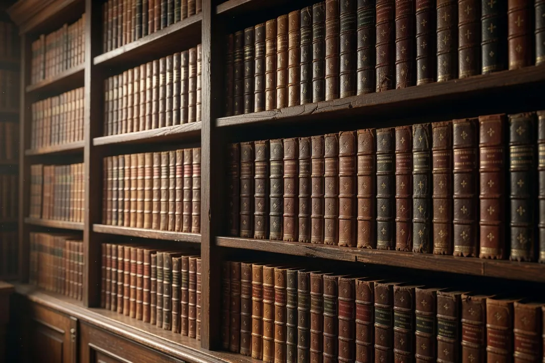Étagère de bibliothèque ancienne garnie de livres religieux reliés, lumière chaude sur reliures de cuir