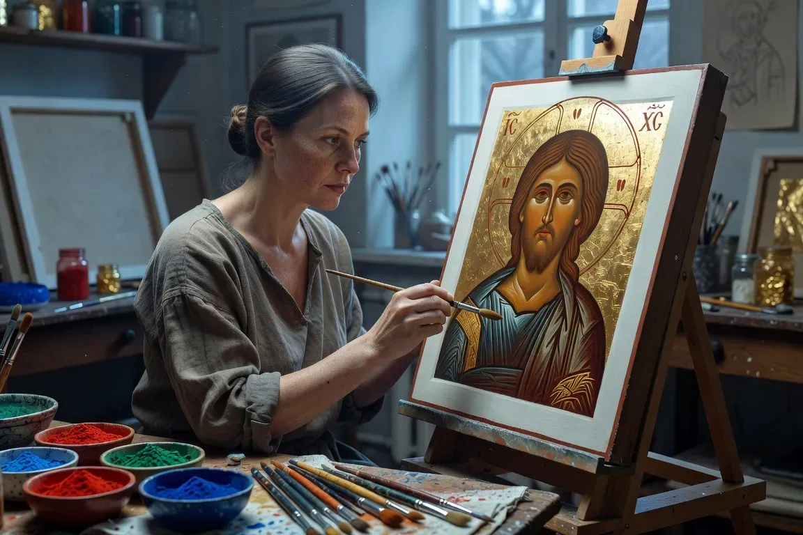 Iconographe peignant à la tempera sur un panneau de bois levkas