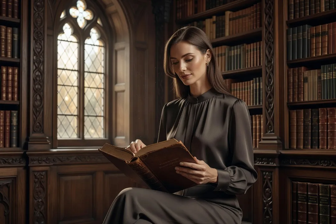 Femme lisant un livre ancien près d'une fenêtre, dans une bibliothèque à l'atmosphère recueillie