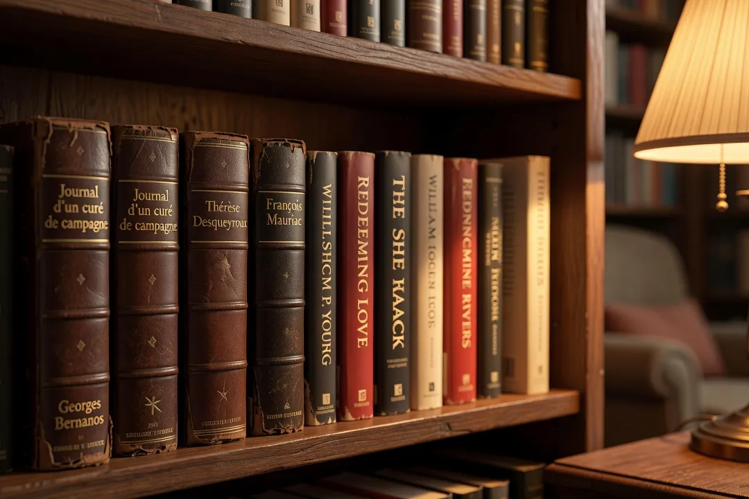 Étagère de romans chrétiens classiques et contemporains, reliures de Bernanos et Mauriac, lumière chaude de bibliothèque