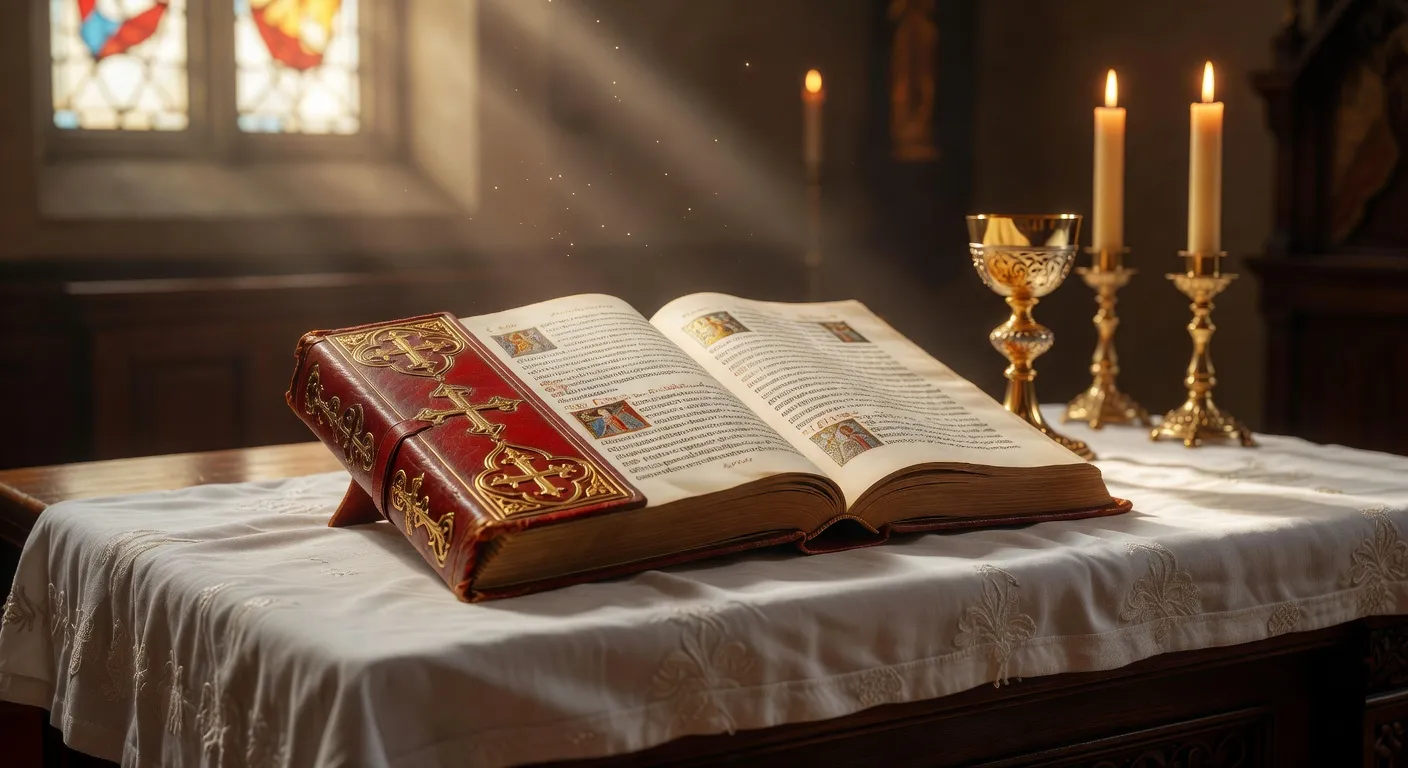 Missel ouvert sur un lutrin d'eglise avec cierges